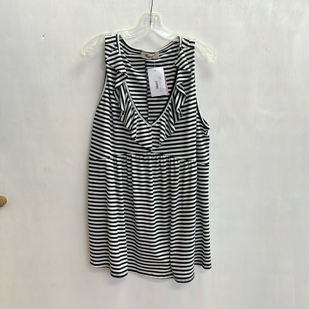 Sleeveless Black & White Stripe Ruffle V-Neck Tank Top